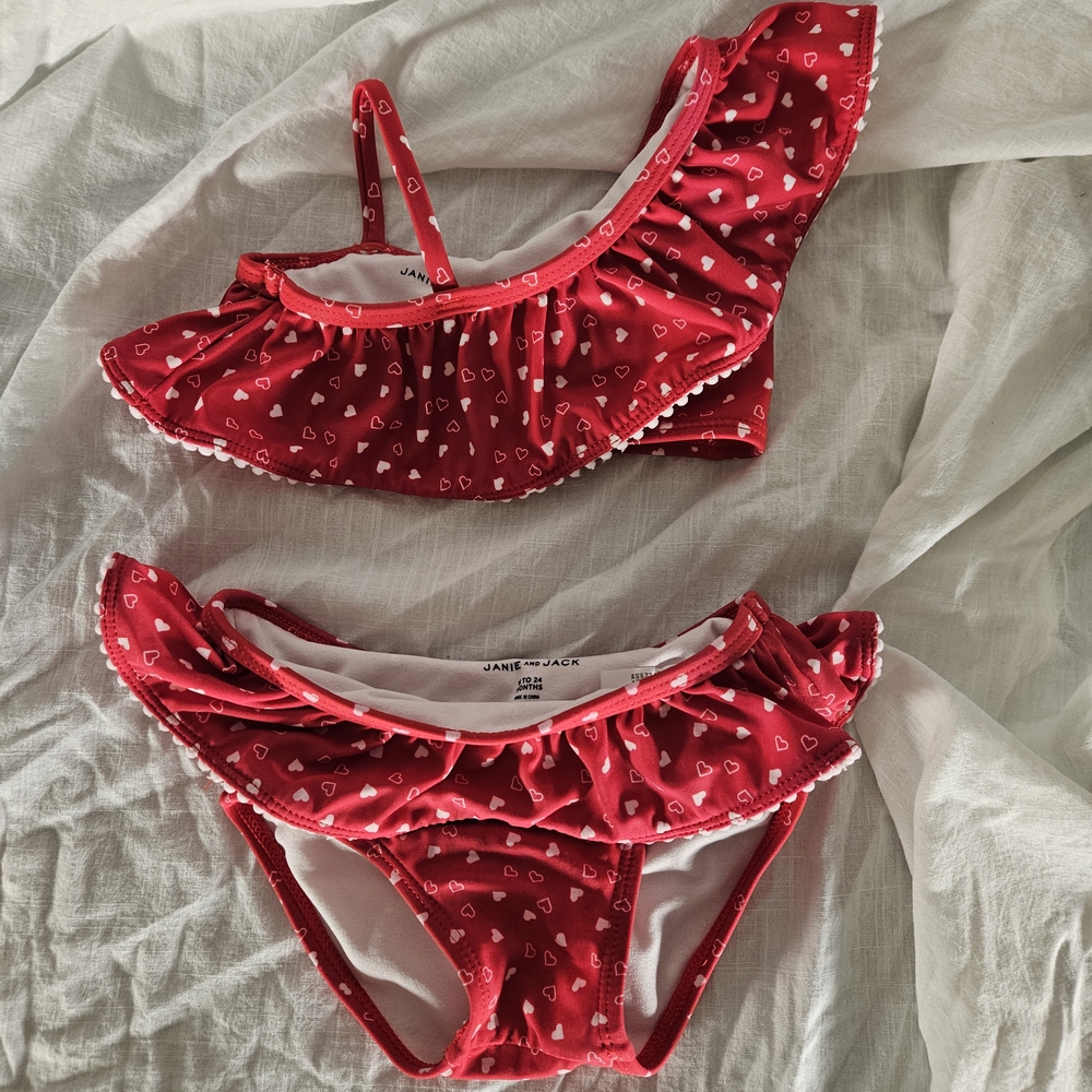Janie & Jack Red Heart Print Bikini Set